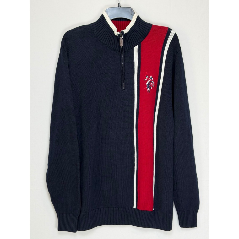 U.S. Polo Assn. Men 100% Cotton Sweater L Navy Red Stripe Quarter Zip Mock Neck
